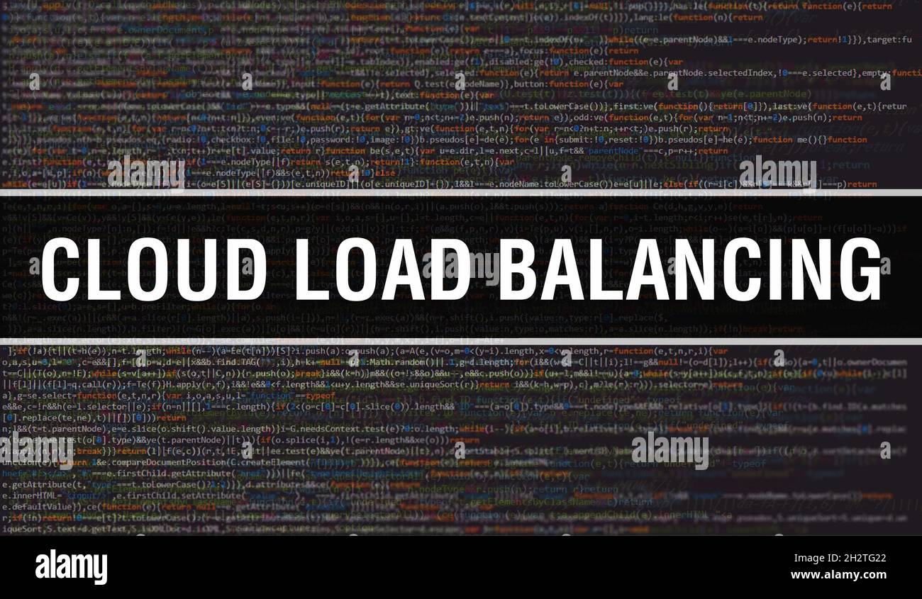 Abbildung des Cloud-Load-Balancing-Konzepts mit Code für die Entwicklung von Programmen und Apps. Cloud Load Balancing Website-Code mit bunten Tags im Browser Stockfoto