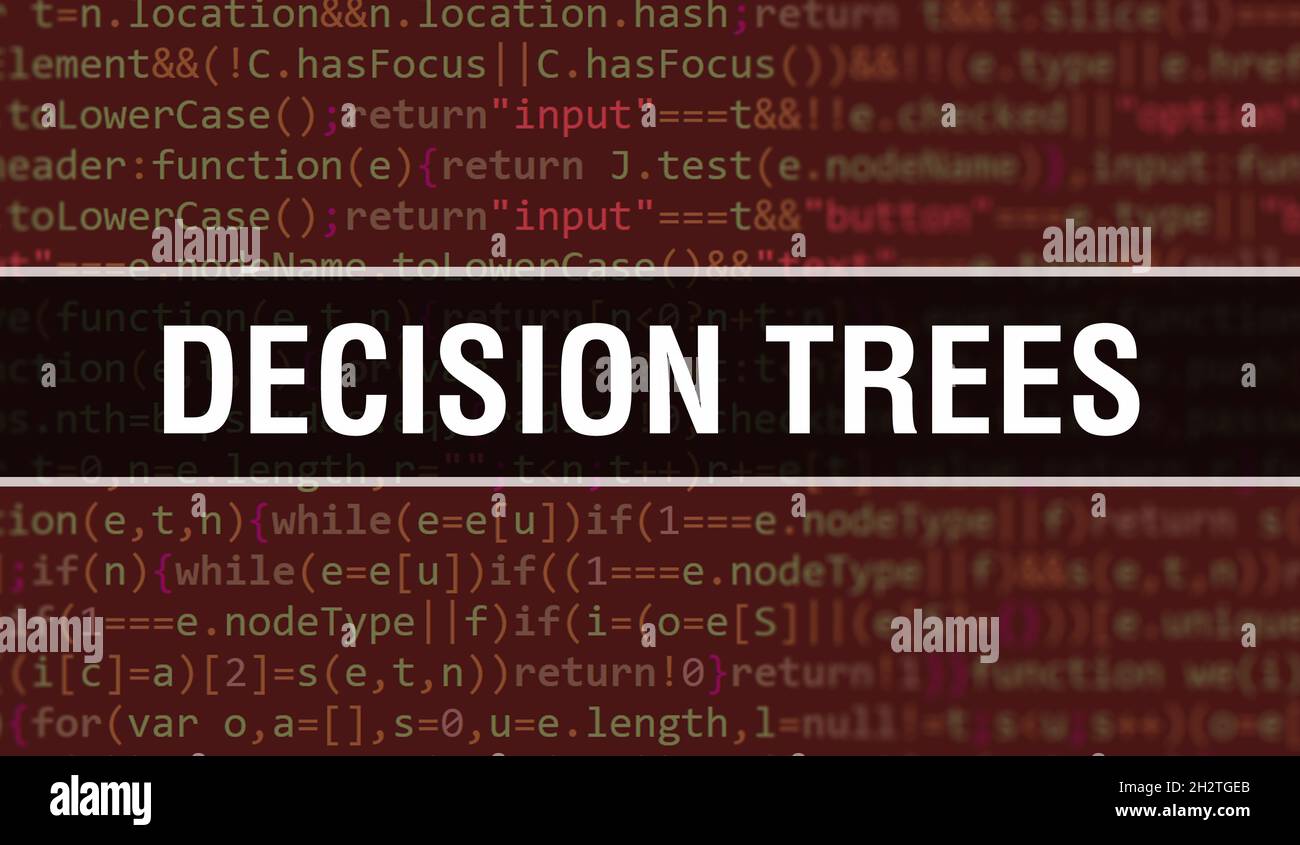 Decision Trees Konzept Illustration mit Code für die Entwicklung von Programmen und App. Decision Trees Website-Code mit bunten Tags in der Browser-Ansicht auf dar Stockfoto