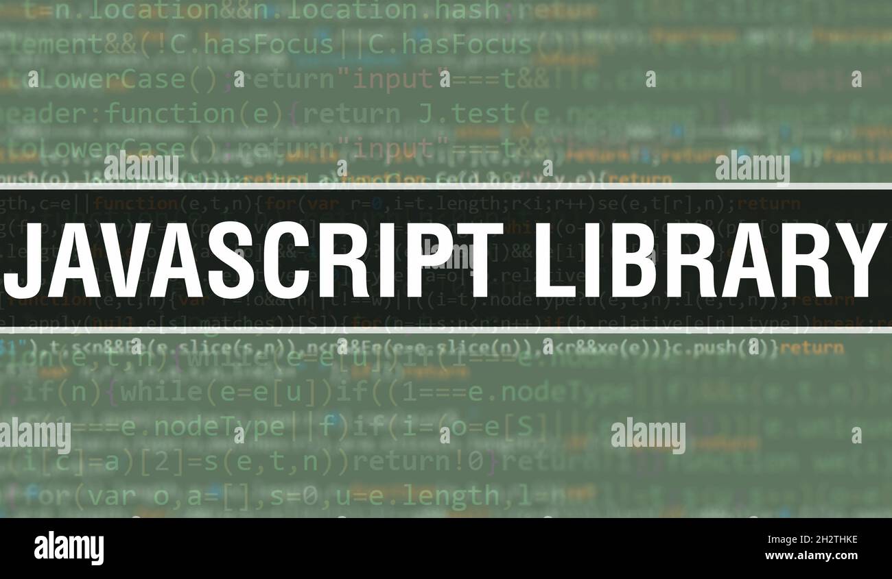 JavaScript-Bibliothek Konzept Illustration mit Code für die Entwicklung von Programmen und App. JavaScript-Bibliothek Website-Code mit bunten Tags in Browser vie Stockfoto