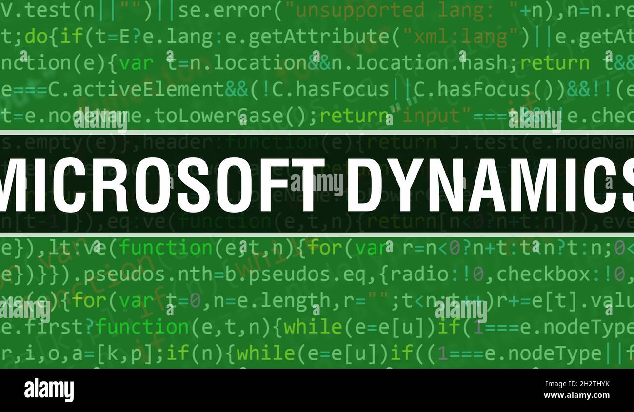 Microsoft Dynamics mit digitalem java-Codetext. Microsoft Dynamics und Computer Software Coding Vector Concept. Programmierung Codierungsskript java, Digita Stockfoto