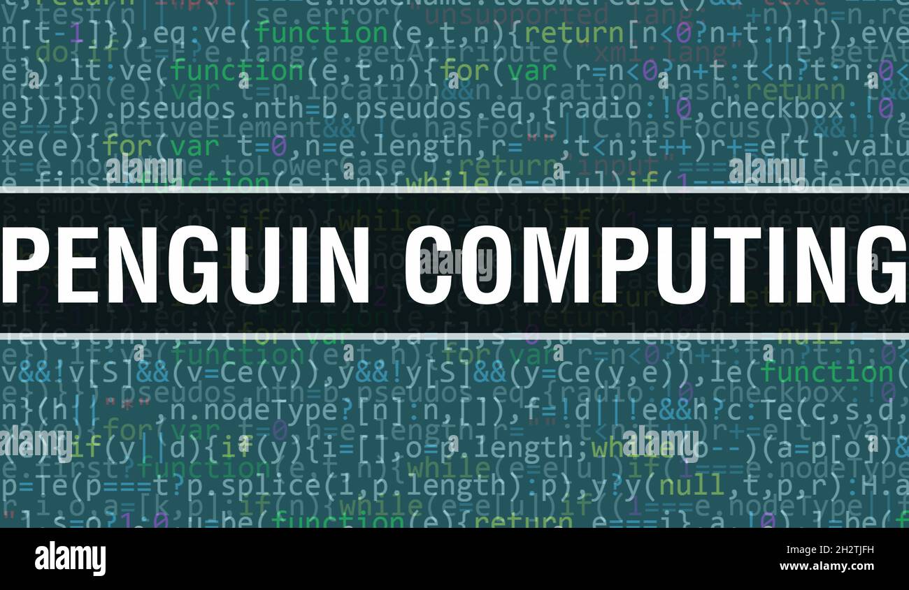 Penguin Computing mit digitalem Binärcode-Technologiehintergrund. Abstrakter Hintergrund mit Programmcode und Penguin Computing. Programmierung und Codierung Stockfoto