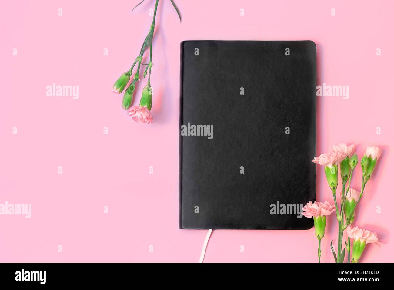 Draufsicht auf schwarzes leeres Buch oder Notizbuch und Blumen auf pastellrosa Hintergrund mit Kopierfläche. Stockfoto