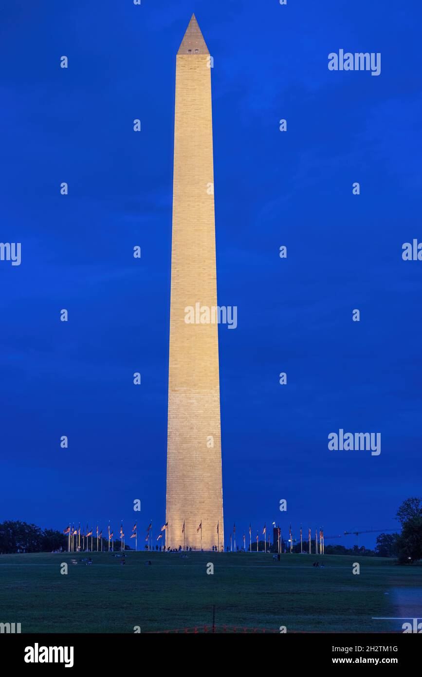 Das Washington Monument während der blauen Stunde. Stockfoto