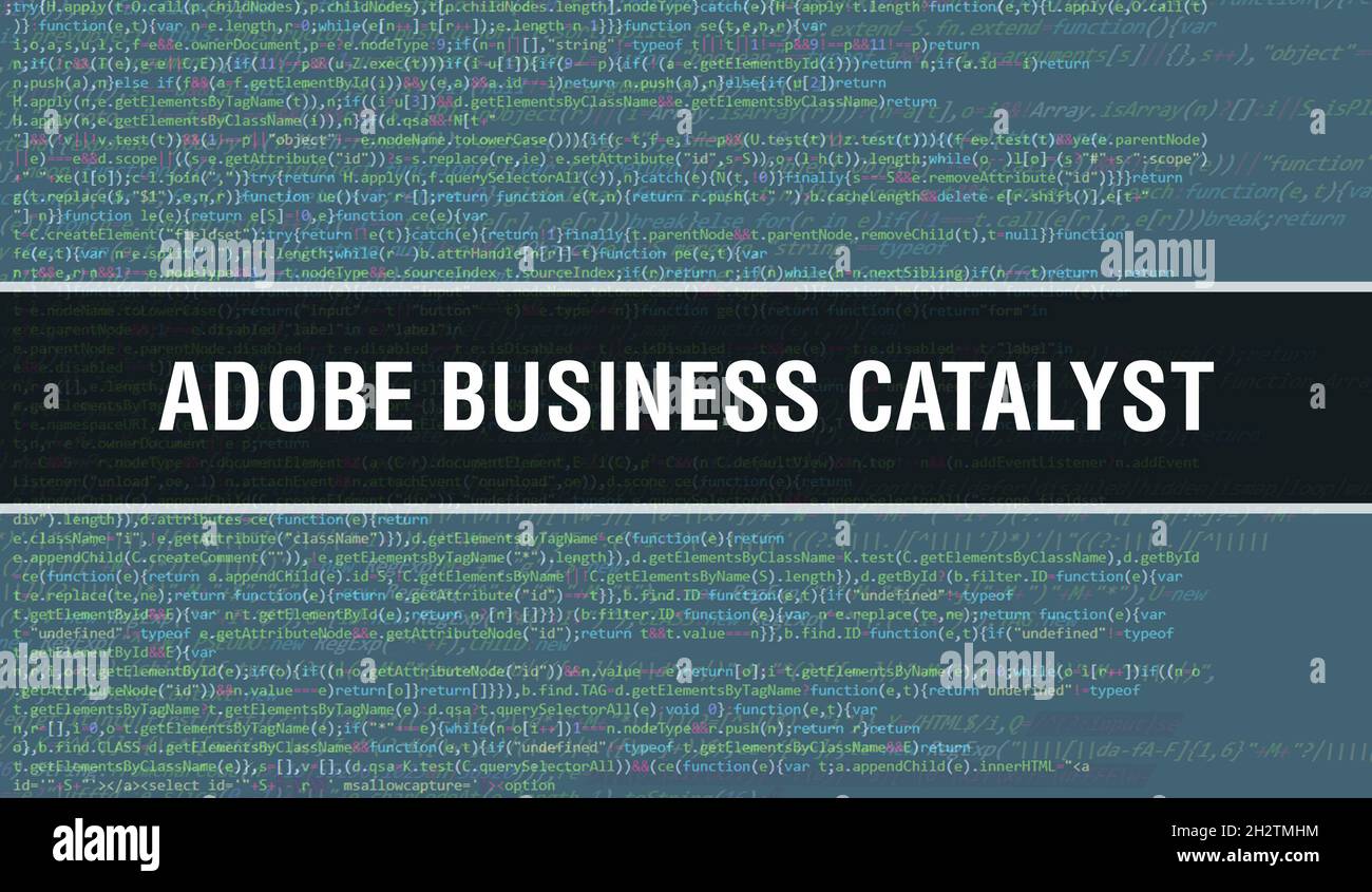 Adobe Business Catalyst mit digitalem Binärcode im Hintergrund. Abstrakter Hintergrund mit Programmcode und Adobe Business Catalyst. Programmierung Stockfoto