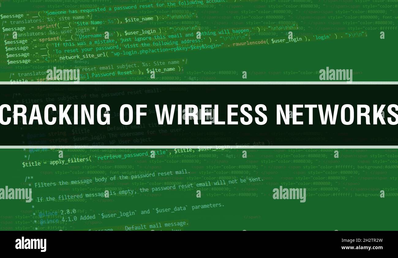 Cracking of Wireless Networks Concept with Random Parts of Program Code. Knacken von drahtlosen Netzwerken mit abstrakter Programmiercode-Technologie backg Stockfoto