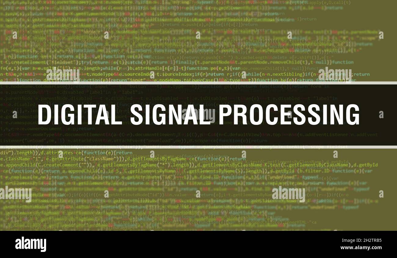 Digitale Signalverarbeitung mit digitalem java-Codetext. Digital Signal Processing und Computer Software Coding Vektor-Konzept. Programmierung Codierung Scrip Stockfoto