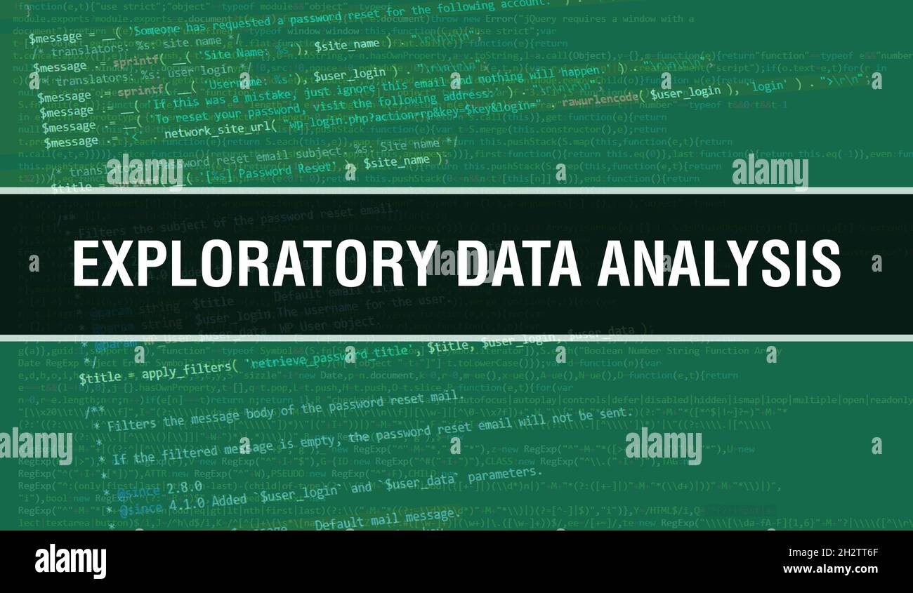 Explorative Datenanalyse Konzeptdarstellung mit Code für die Entwicklung von Programmen und App. Explorative Datenanalyse Website-Code mit bunten Tags Stockfoto