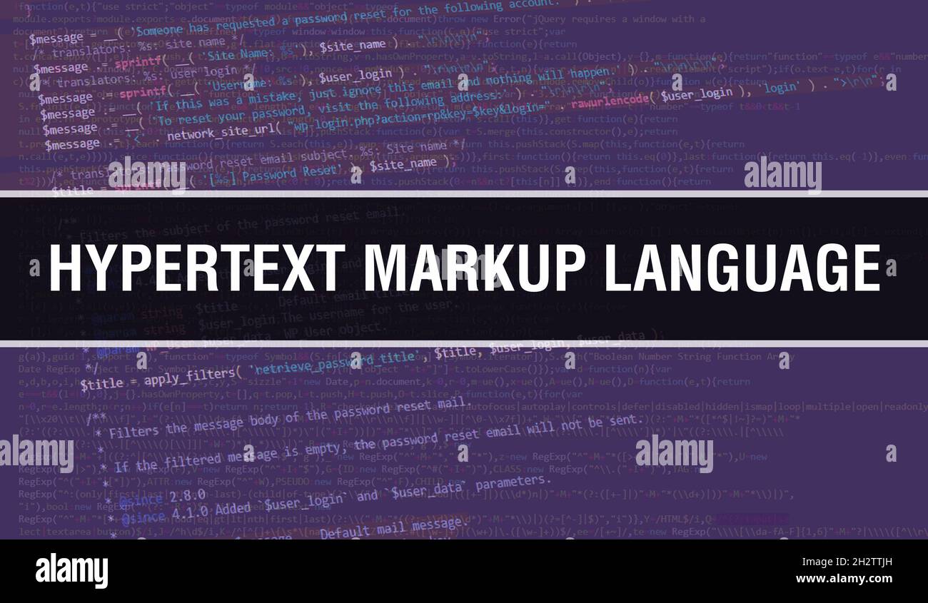 Hypertext Markup Sprache Konzept Illustration mit Code für die Entwicklung von Programmen und App. Hypertext Markup Language Website-Code mit bunten Tags Stockfoto
