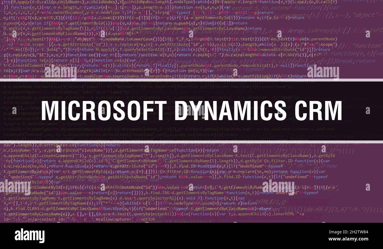 Microsoft Dynamics CRM-Konzept mit zufälligen Teilen des Programmcodes. Microsoft Dynamics CRM mit abstraktem Technologiehintergrund für Programmcode der Software Stockfoto