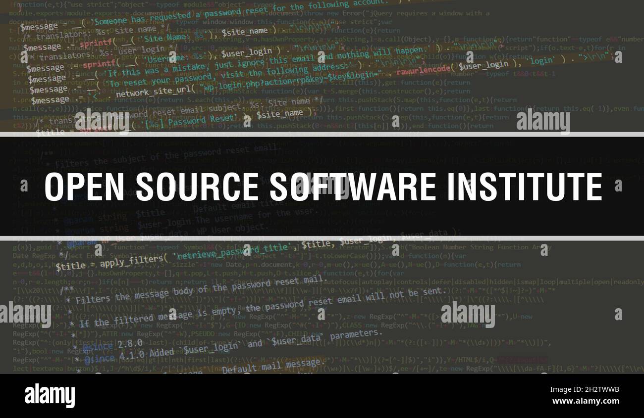 Open Source Software Institute Konzept mit zufälligen Teilen des Programmcodes.Open Source Software Institute Text geschrieben auf Programmier-Code Abstract Tech Stockfoto