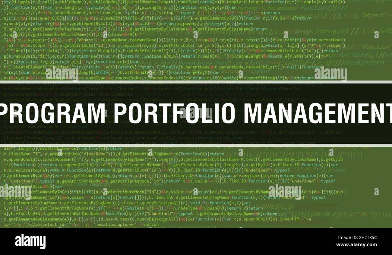 Programm-Portfolio-Management-Konzept mit zufälligen Teilen des Programmcodes. Programm Portfolio Management mit Programmier Code Abstract Technologie backgro Stockfoto