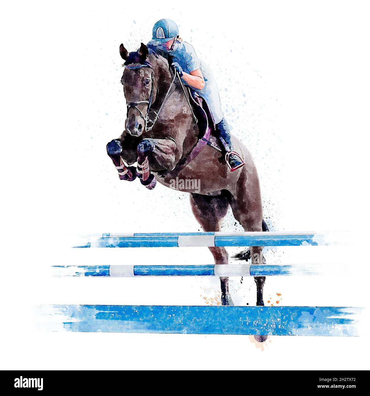 Jockey auf dem Pferd. Schwarzes Pferd. Champion. Reiten. Pferdesport. Jockey auf einem Springpferd. Poster. Weißer Hintergrund. Isoliertes Aquarell Abb. Stockfoto