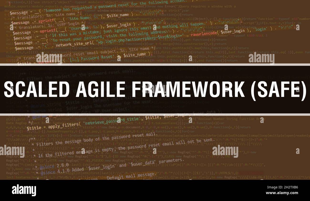 Scaled Agile Framework (Safe) Konzeptdarstellung mit Code für die Entwicklung von Programmen und Apps. Scaled Agile Framework (Safe) Website-Code mit colorf Stockfoto