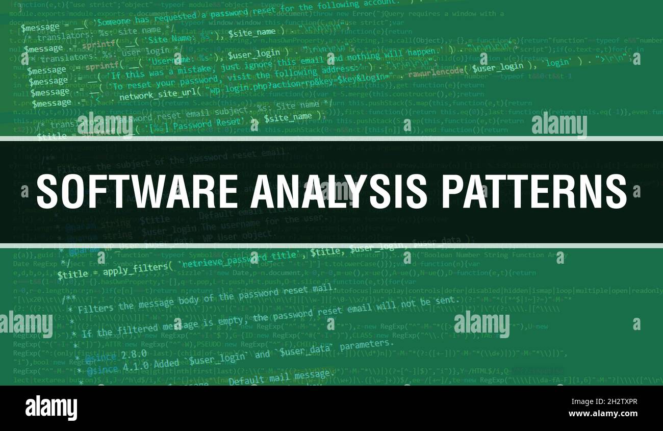 Software-Analyse Muster Konzeptdarstellung mit Code für die Entwicklung von Programmen und App. Software-Analyse Muster Website-Code mit bunten Tag Stockfoto