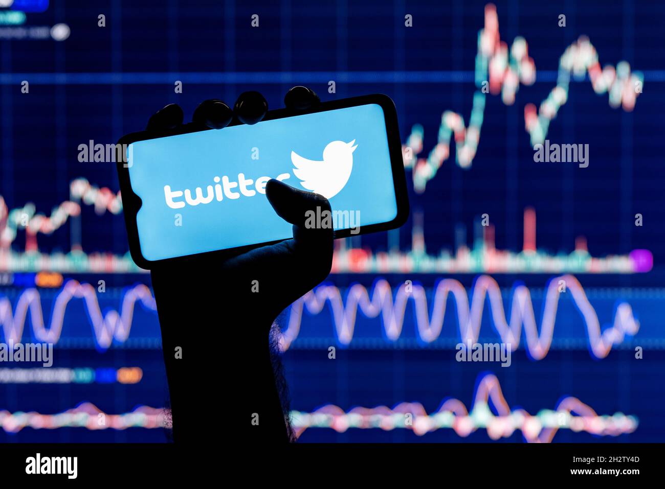 Ein Smartphone mit dem Logo des sozialen Netzwerks Twitter in der Hand. Twitter-Aktienchart im Hintergrund. Stockfoto