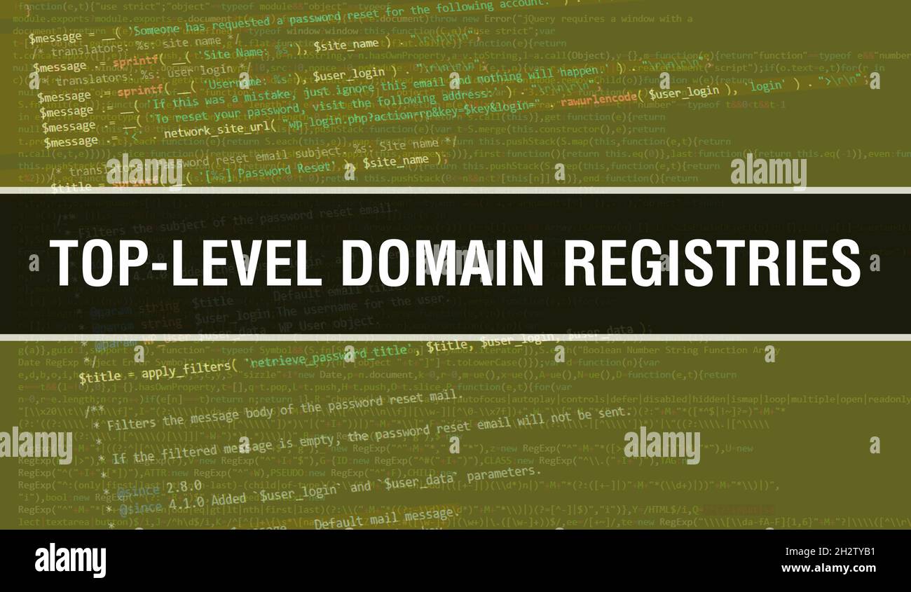 Top-Level-Domain-Registraturen Konzept Illustration mit Code für die Entwicklung von Programmen und App. Top-Level-Domain registriert Website-Code mit bunten t Stockfoto