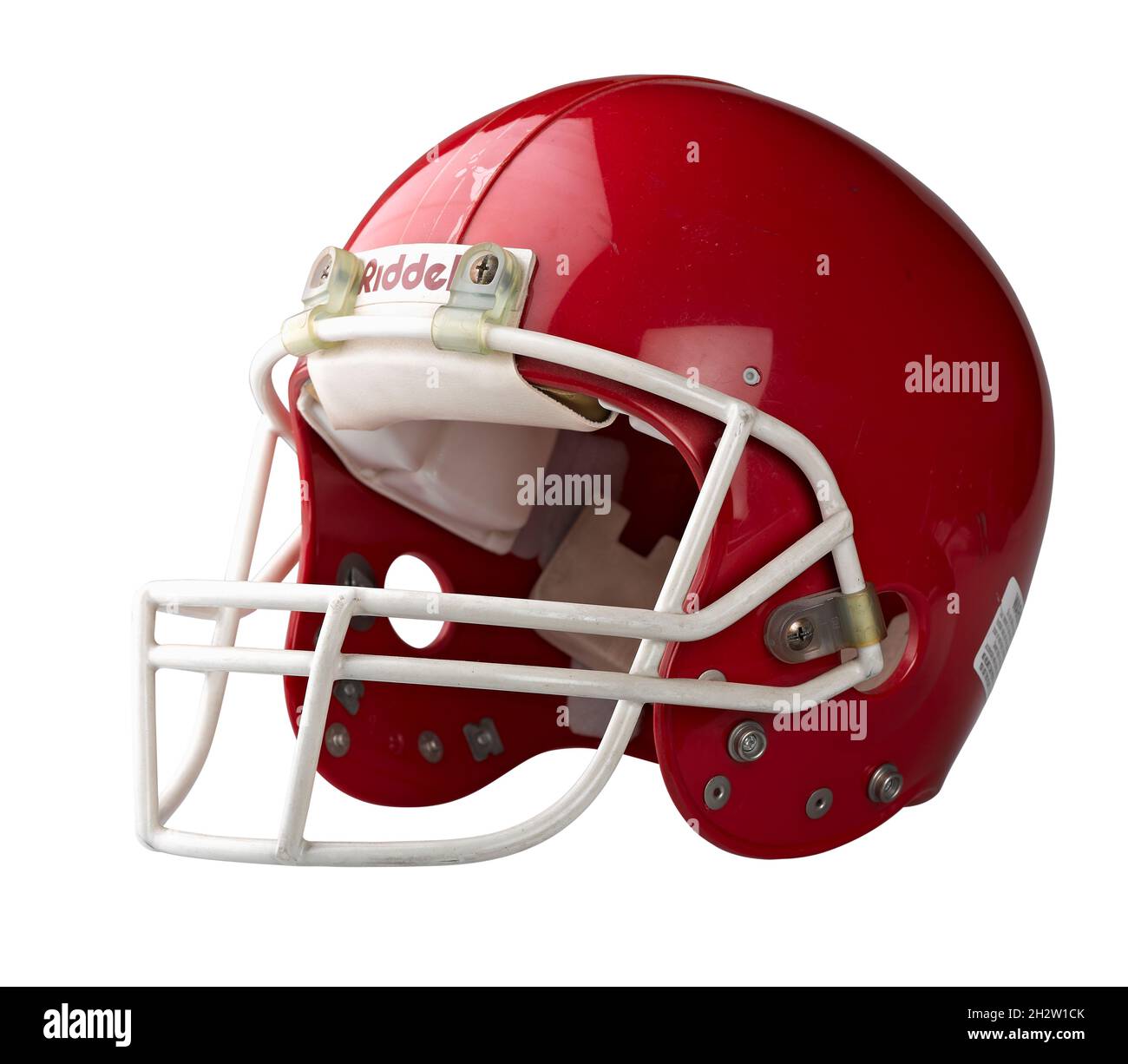 Brüssel, Belgien - 25. Juli 2012; Riddell American Football Helm isoliert auf weißem Hintergrund mit detailliertem Kletterpfad. Stockfoto