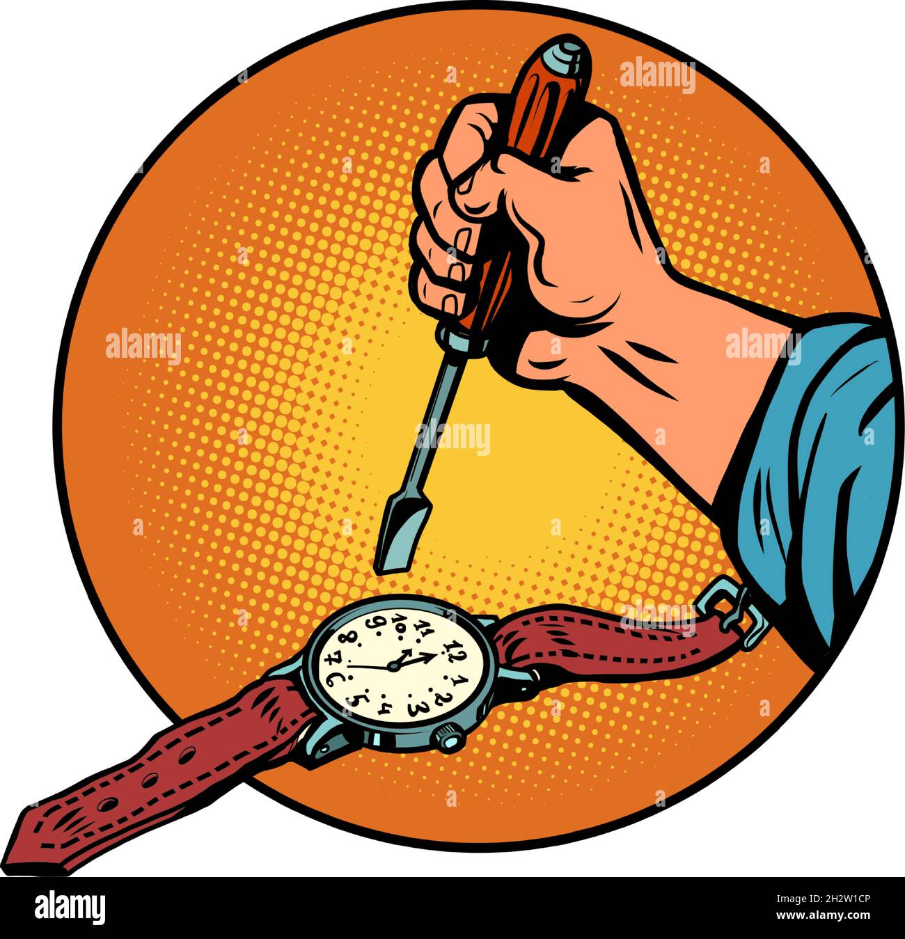 Durch Fixieren einer Armbanduhr öffnet ein Uhrmacher mit einem Schraubendreher den Mechanismus Stock Vektor