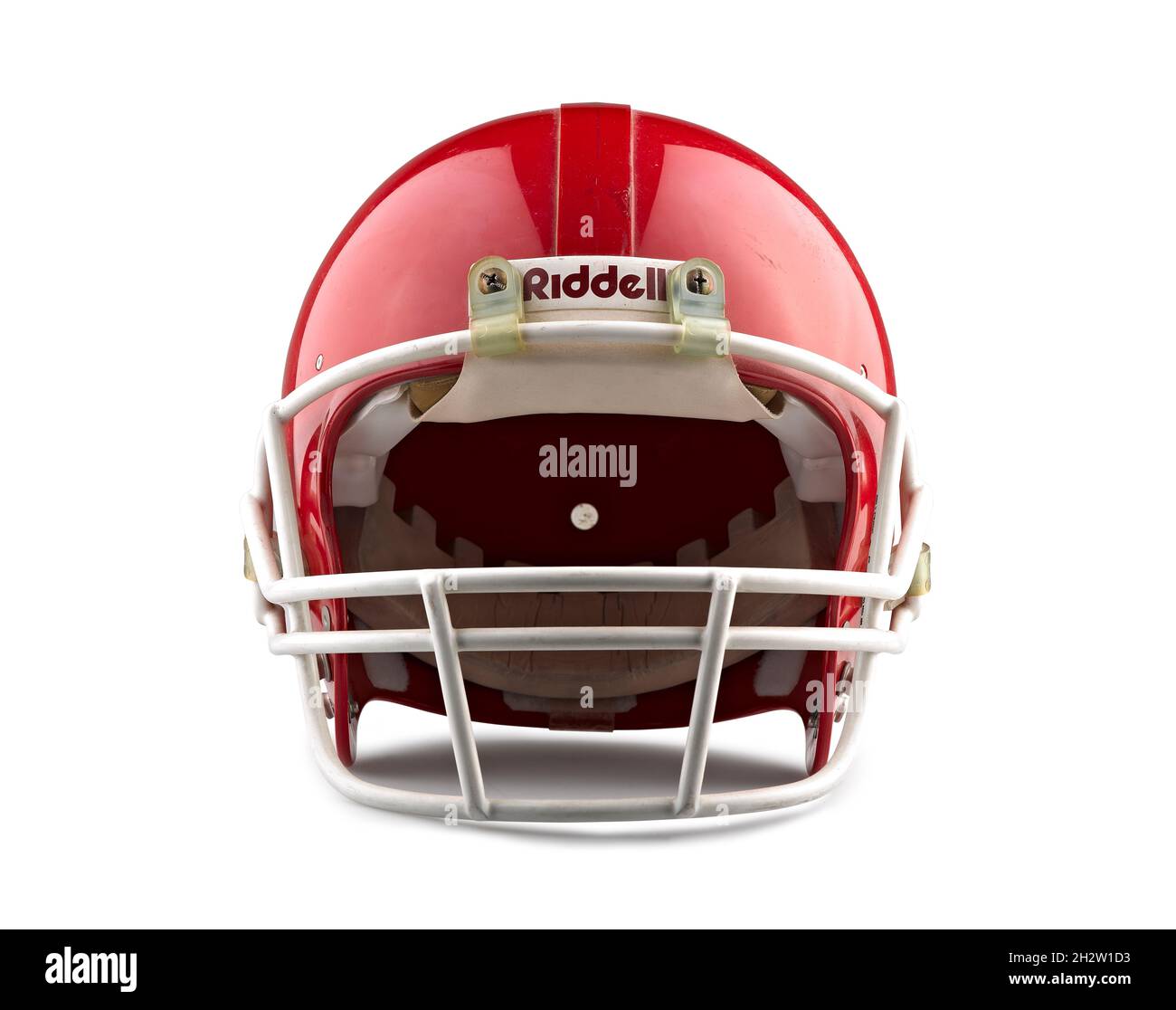 Brüssel, Belgien - 25. Juli 2012; Riddell American Football Helm isoliert auf weißem Hintergrund mit detailliertem Kletterpfad. Stockfoto