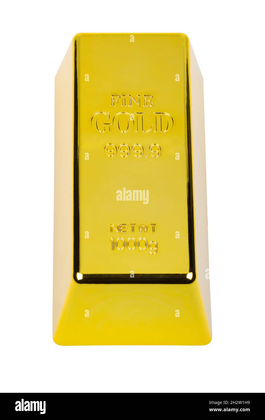 Goldene Bar, Edelmetallbarren isoliert auf weißem Hintergrund Stockfoto