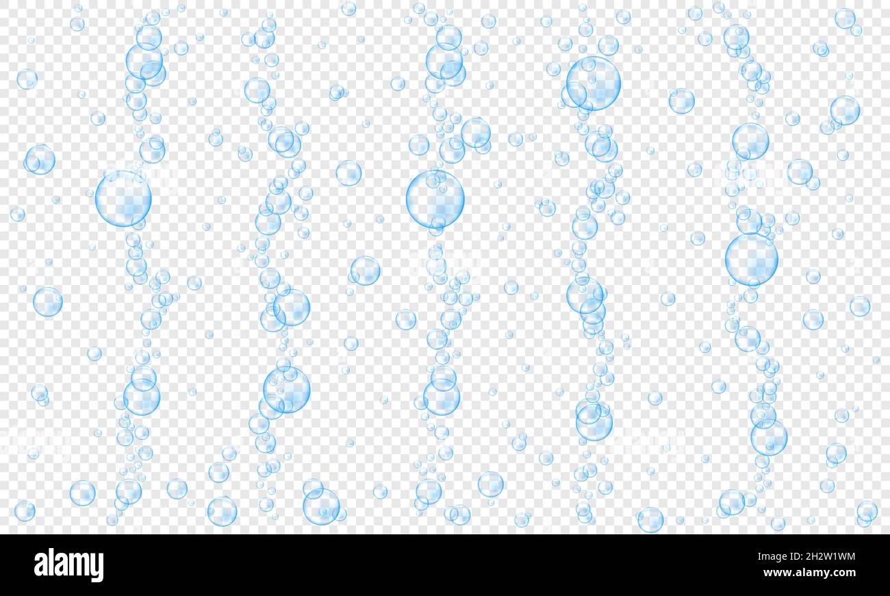 Blaue Sauerstoffblasen auf transparentem Hintergrund. Kohlensäurehaltige Textur von Getränken. Wasser Luftstrom im Meer oder Aquarium. Vektor-realistische Darstellung. Stock Vektor
