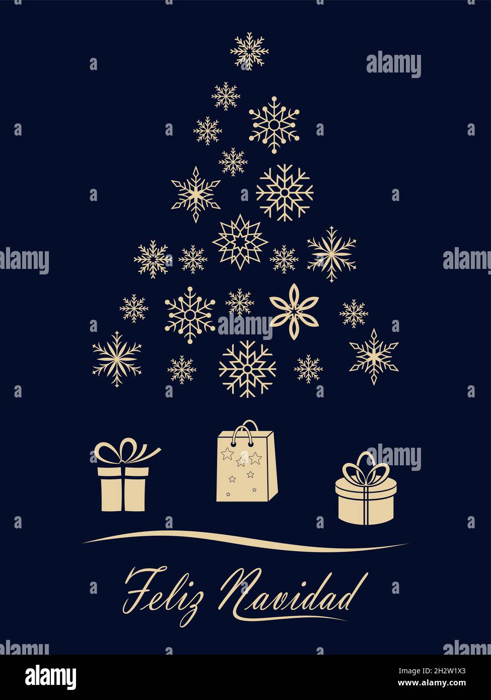 Vektor mit Weihnachtsbaum. Schneeflocke, Geschenk und spanische weihnachtsgrüße Black back. Übersetzung spanisch ins englische: Feliz Navidad ist Frohe Weihnachten. Stock Vektor