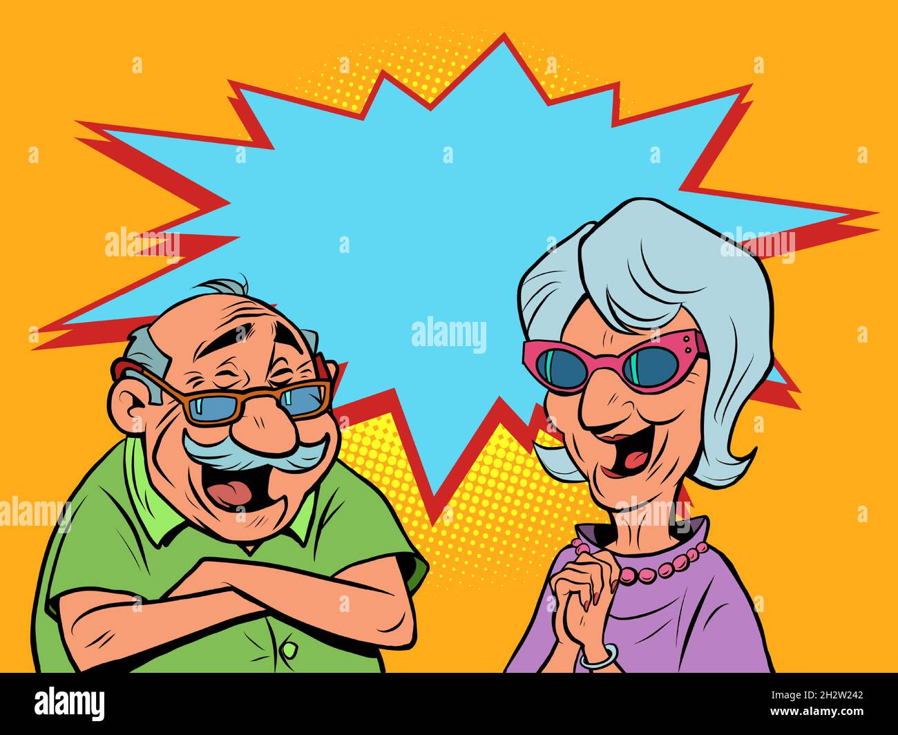 Ein alter Mann und ein altes Frauenpaar lachen. Liebe und Freundschaft Stock Vektor