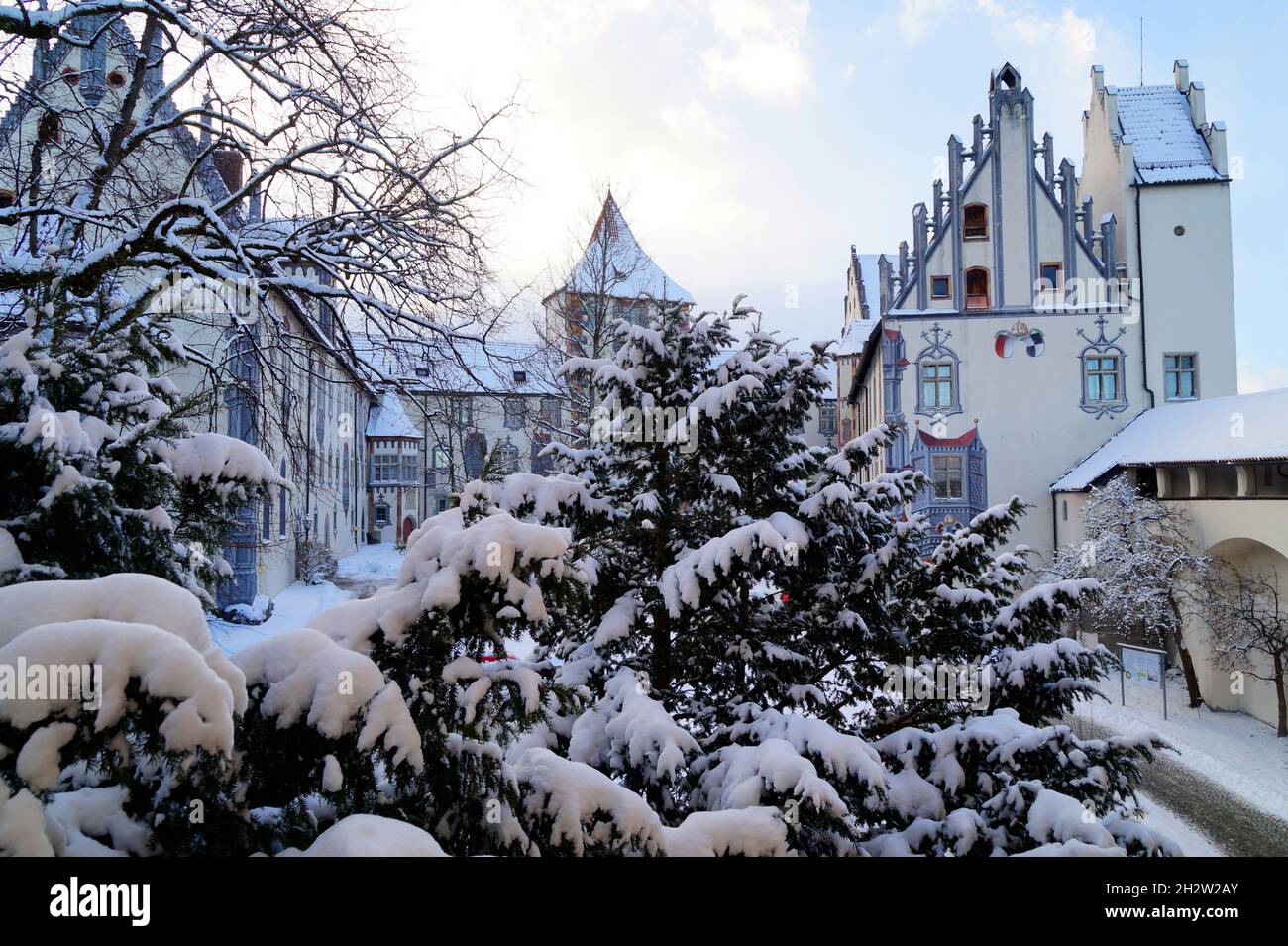 Das schöne winterliche Hochschloss in Füssen in Bayern, Deutschland Stockfoto
