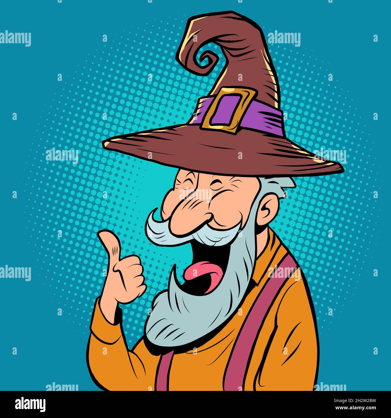 Ein alter Mann in einem halloween Hut mit einem grauen Bart lacht. Positiver älterer Senor Stock Vektor