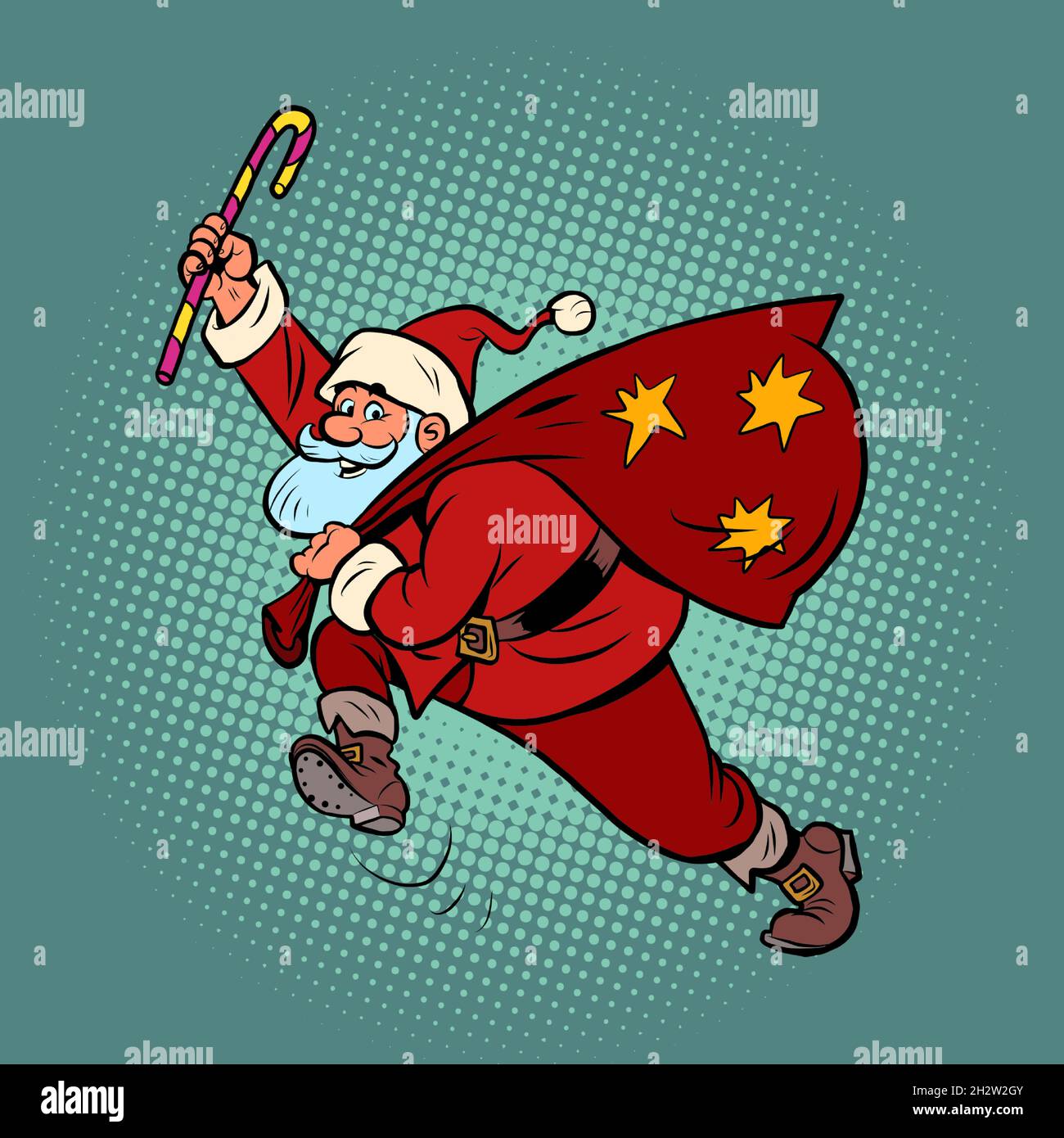 Der Weihnachtsmann mit einem Lutscher und einer Tüte mit Geschenken hat es zu Weihnachten eilig Stock Vektor