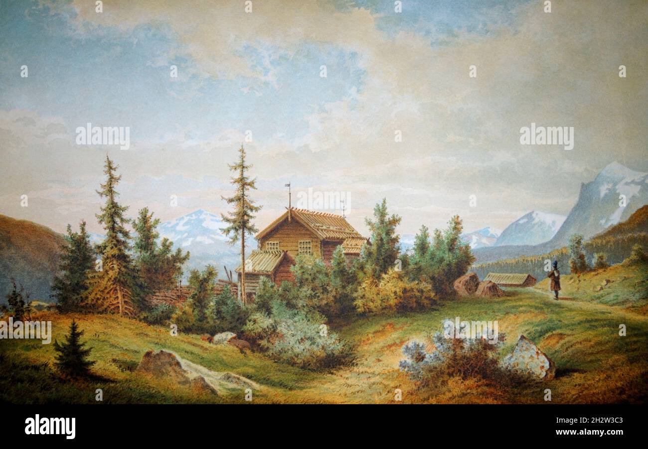 Herbstansicht der Kapelle von Qvikkjokk. Ein Bild von 1866. Lappland, Europa. Eine private Sammlung. Stockfoto