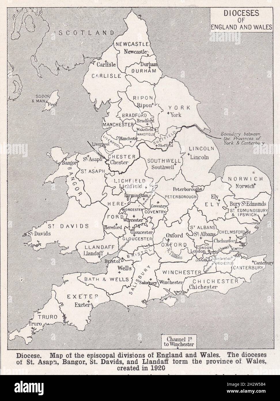 Diözese - Vintage Karte der bischöflichen Abteilungen von England und Wales 1920er Jahre. Stockfoto