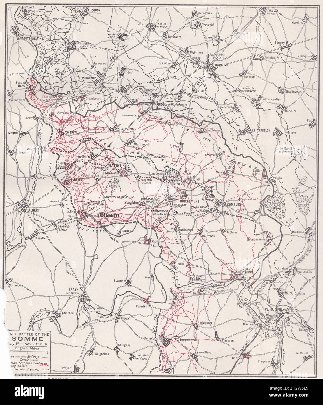 Vintage-Karte der Somme-Schlacht - Territorium, das von Alliierten bzw. Deutschen in den beiden Schlachten der Somme während des Ersten Weltkriegs 1916 gewonnen wurde. Stockfoto