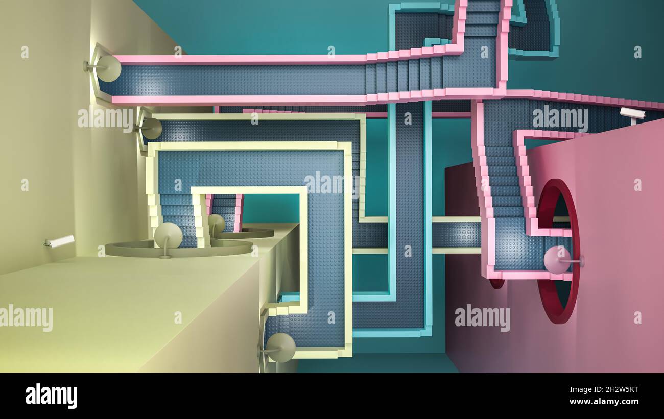 Labyrinthartige Treppen in Pink, Türkis und Gelb - inspiriert vom Fernsehfilm Squid Game. Stockfoto