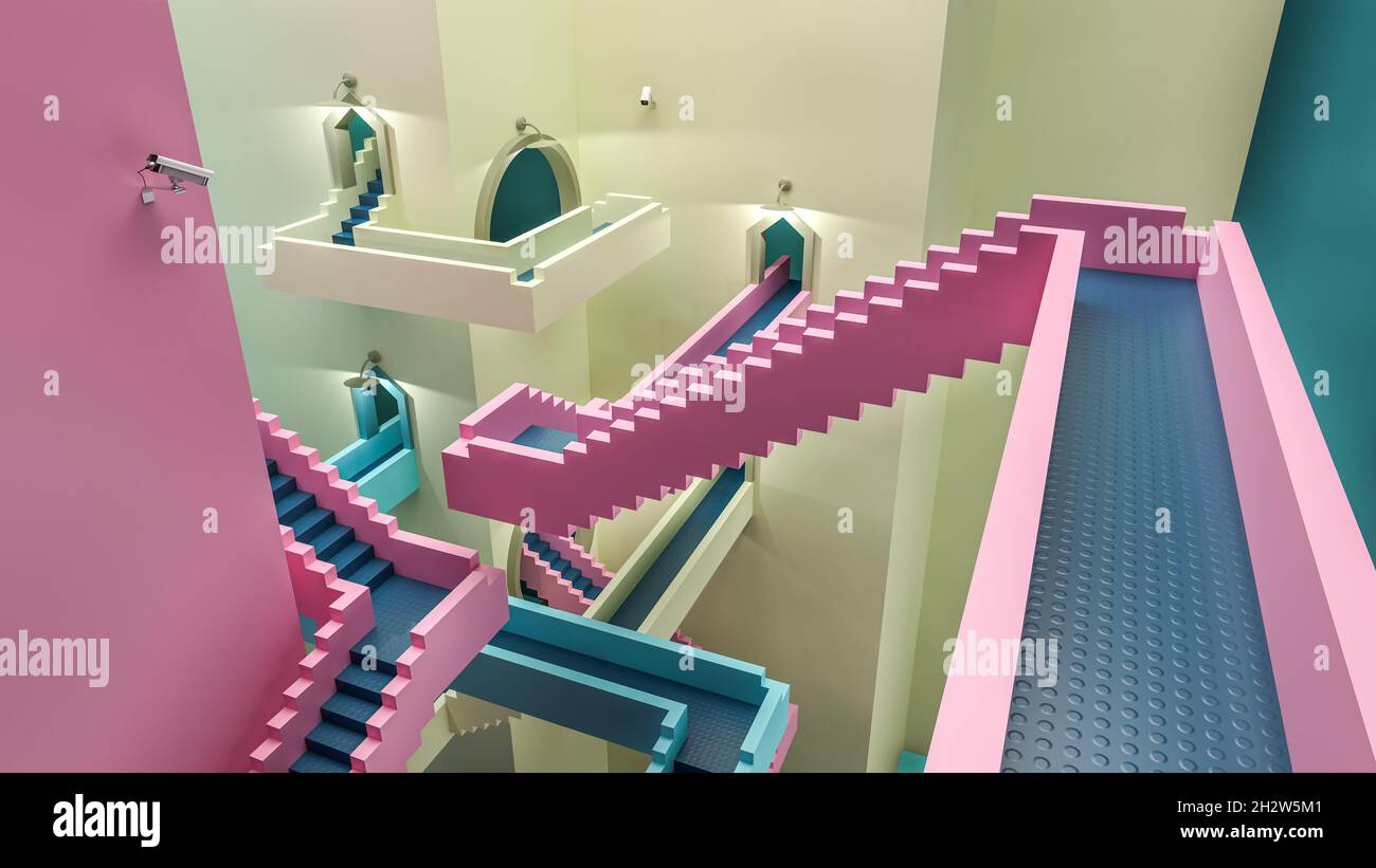 Labyrinthartige Treppen in Pink, Türkis und Gelb - inspiriert vom Fernsehfilm Squid Game. Stockfoto