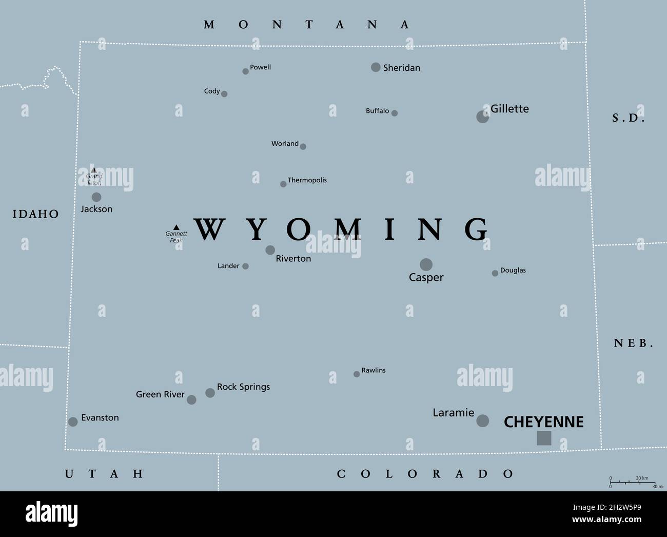 Wyoming, WY, graue politische Landkarte, mit der Hauptstadt Cheyenne. Staat in der Unterregion Mountain West der westlichen Vereinigten Staaten von Amerika. Stockfoto