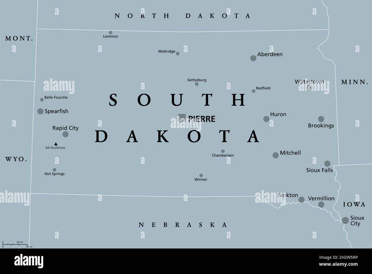 South Dakota, SD, graue politische Karte, mit der Hauptstadt Pierre und der größten Stadt Sioux Falls. Staat in der Upper Midwestern Subregion der Vereinigten Staaten. Stockfoto