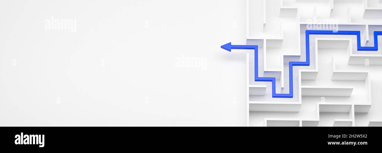 3d-Rendering: Konzept - Lösung eines komplexen Problems. Weißes Labyrinth und Boden mit blauen Lösungsweg mit Pfeil. Bannergröße. Stockfoto