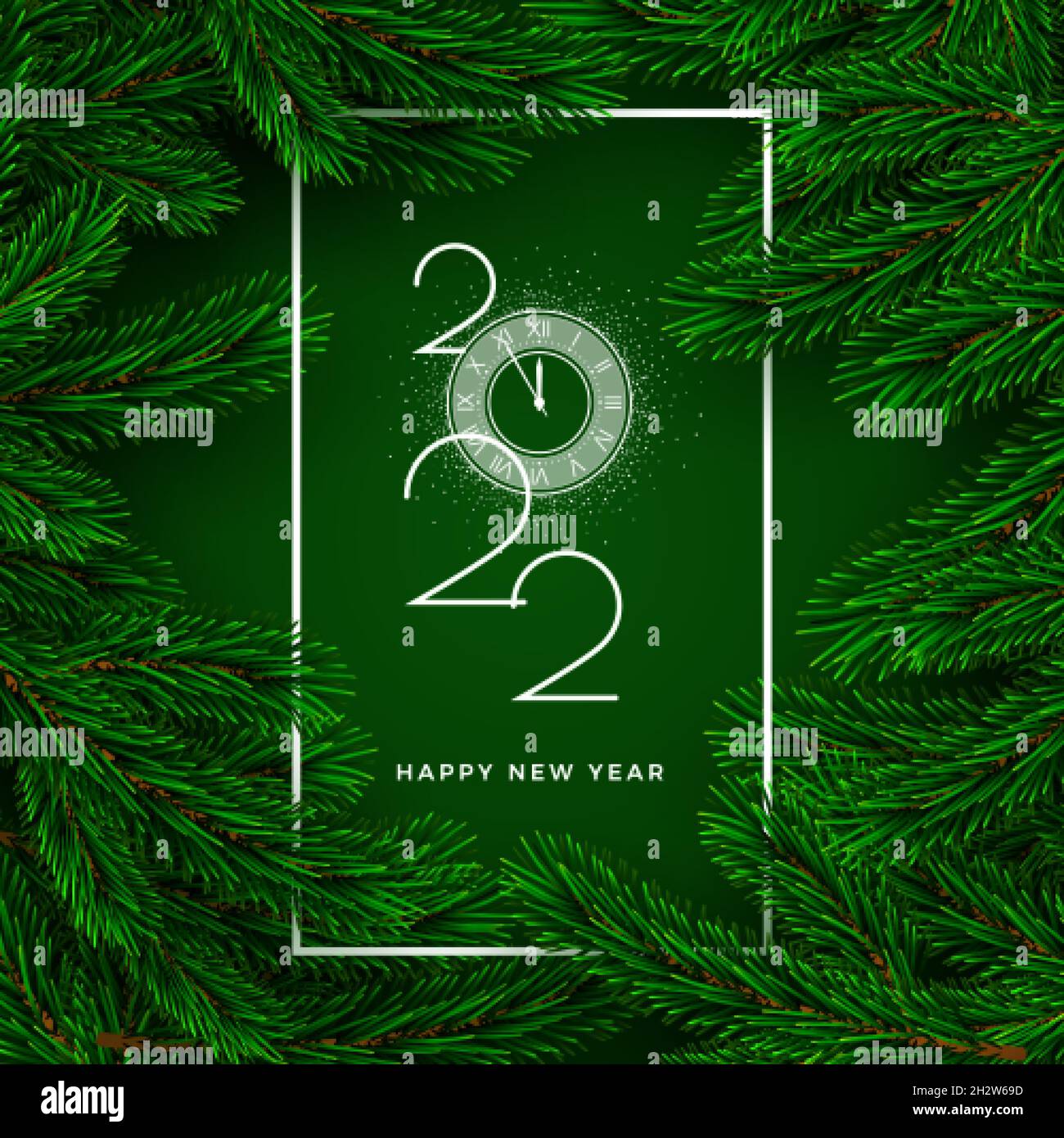 Glückwunschkarte Zum Neuen Jahr. Schriftzug 2022 mit Countdown bis Mitternacht. Christbaumzweige auf dunklem Hintergrund mit weißem Rahmen und fallendem Schneefall Stock Vektor
