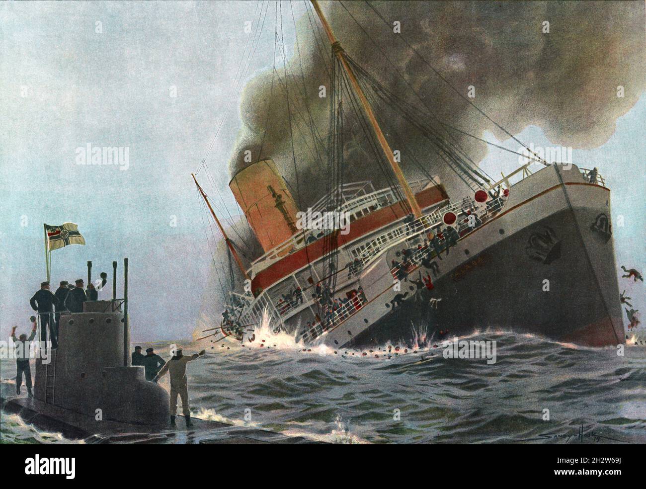 Ein Vintage-Gemälde aus dem Jahr 1915, in dem der britische Ozeandampfer RMS Falaba nach einer Torpedotorpedierung im St. George's Channel am 28. März 1915 durch das deutsche U-Boot U-28 mit dem Verlust von 104 Menschenleben dargestellt wird. Es wurde als Thrasher-Vorfall bekannt, nachdem ein amerikanischer Passagier, Leon Chester Thrasher, ein 31-jähriger Bergbauingenieur aus Massachusetts, starb, was zu einem öffentlichen Aufschrei führte, der die Vereinigten Staaten aufforderte, Deutschland den Krieg zu erklären Stockfoto