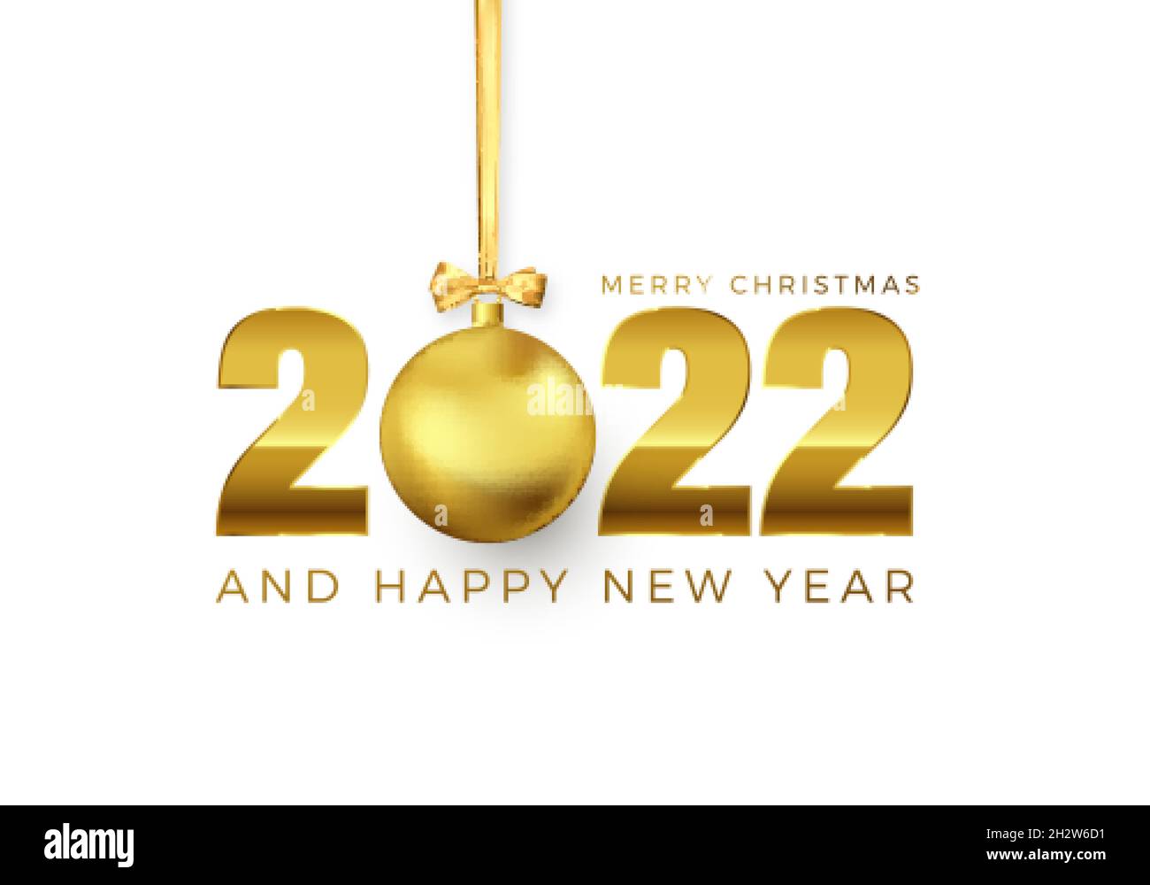 Neujahrsposter mit Grußtext. Golden Christmas Ball statt Null im Jahr 2022. Weihnachtsdekoration für Banner oder Einladung. Vektor illustrr Stock Vektor