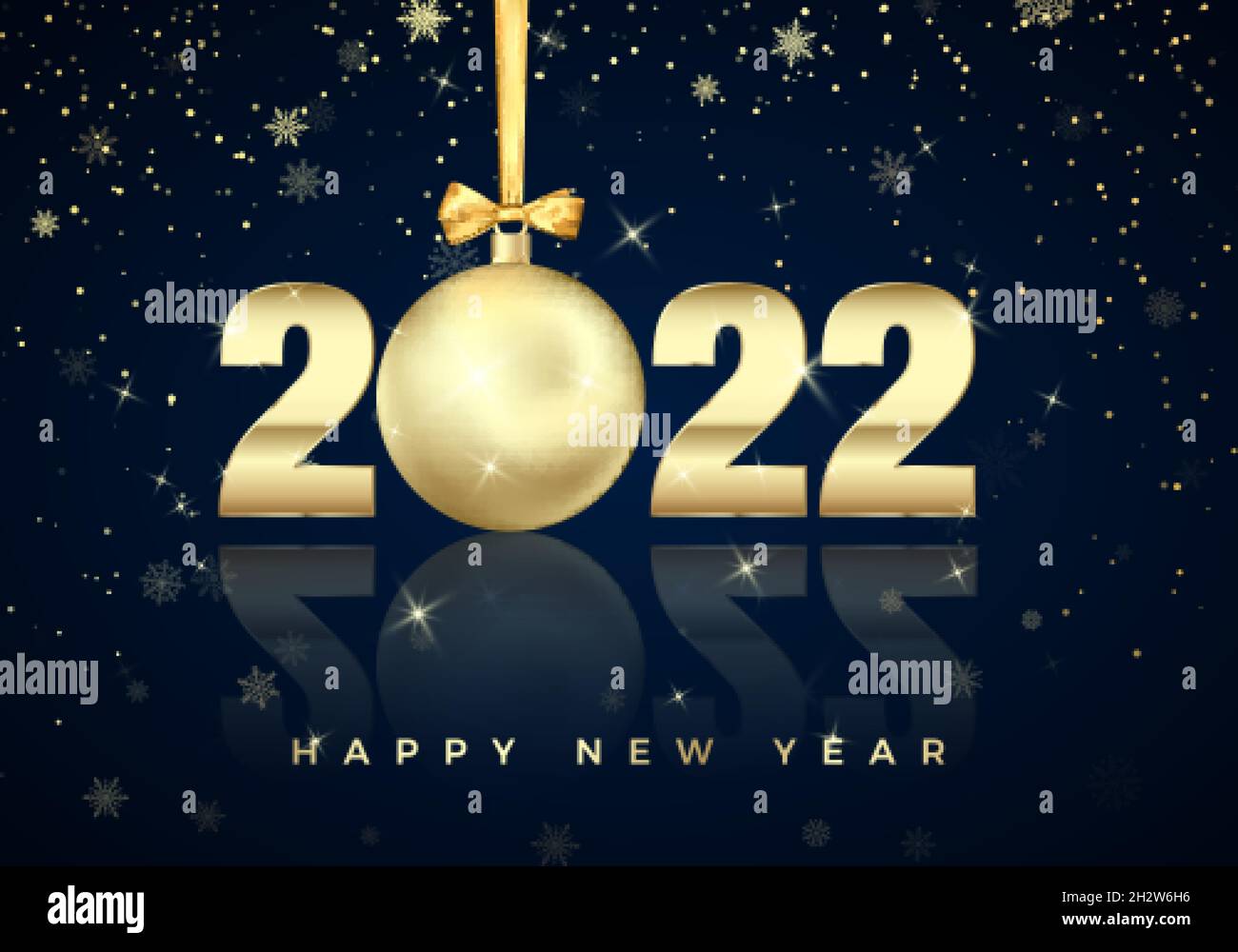 Neujahrsposter mit Grußtext auf blauem Hintergrund. Golden Christmas Ball statt Null im Jahr 2022. Weihnachtsdekoration für Banner oder Einladung Stock Vektor