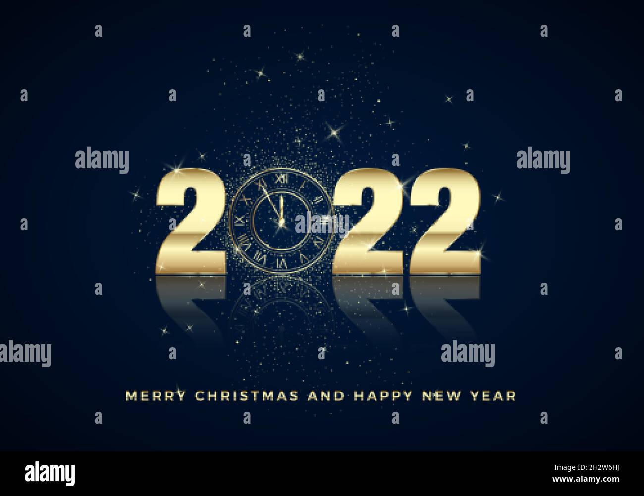 Golden Clock Dial mit Zahlen 2022 auf Magic Christmas Hintergrund. Countdown zum neuen Jahr und Glockenspiele. Fünf Minuten vor zwölf Vorlagen für Ihr Design Stock Vektor