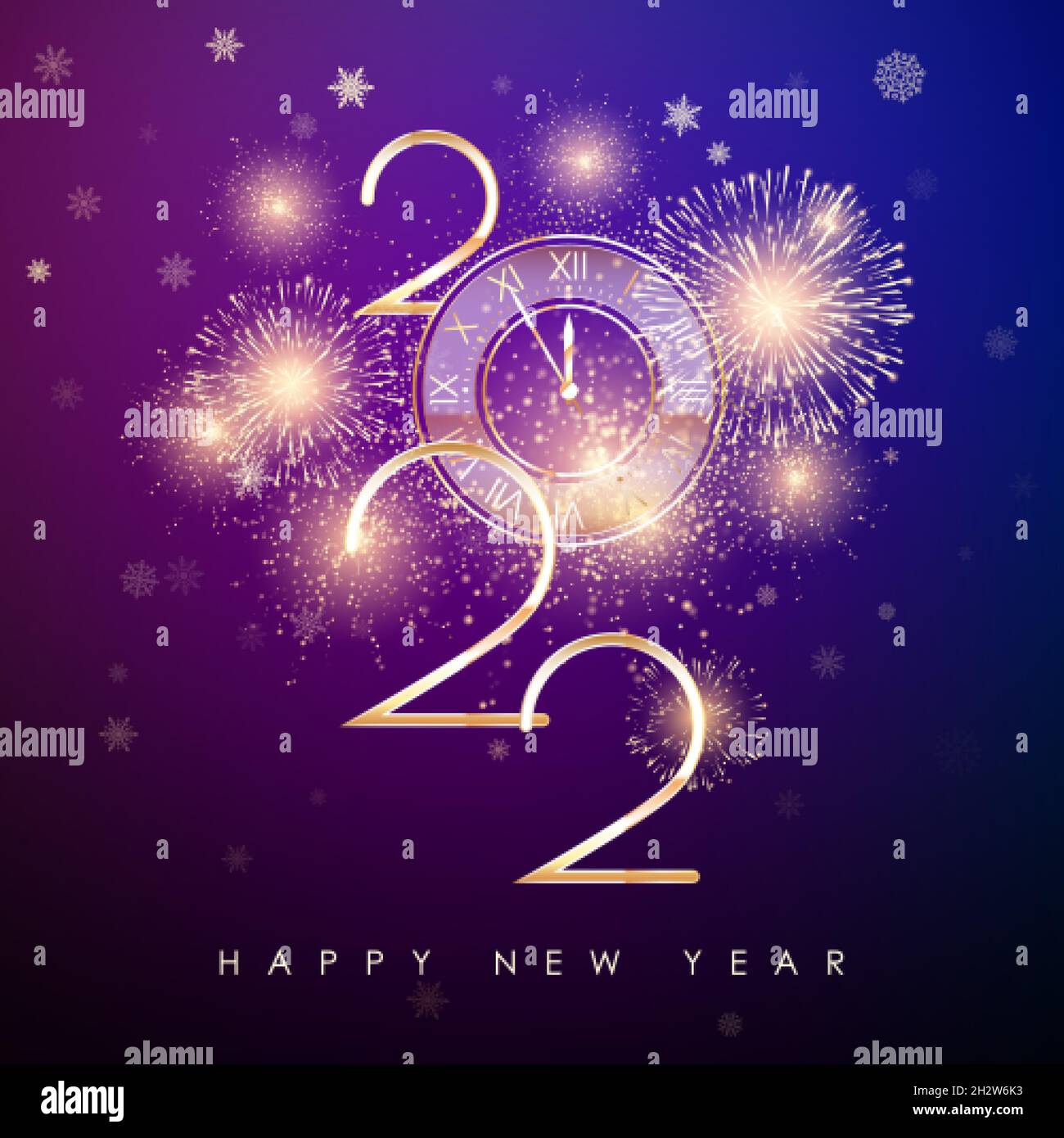 Frohes Neues Jahr 2022. Neues Jahr-Banner mit goldenen Zahlen und Feuerwerk. Grußkarten-Text-Design. Vektorgrafik Stock Vektor