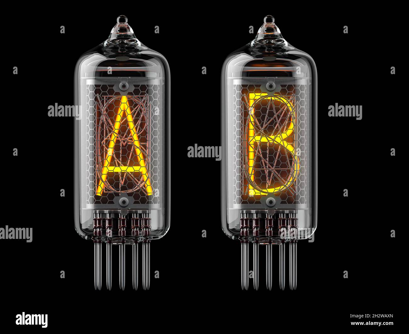 Nixie-Röhrenanzeige. Buchstaben a und b auf schwarzem Hintergrund. 3d-Illustration Stockfoto