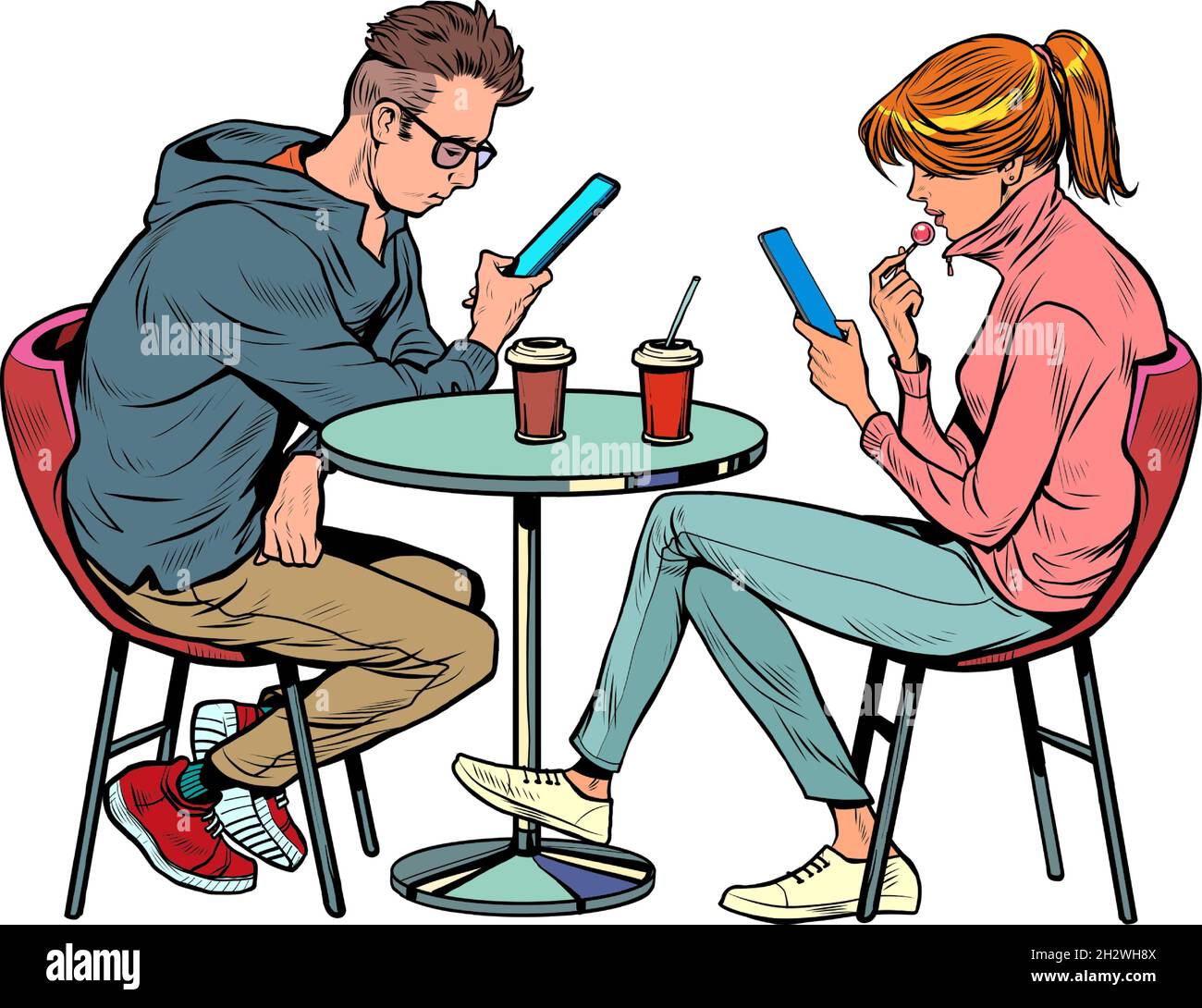 Ein Paar auf einem Date in einem Restaurant schaut auf Smartphones und nicht reden, Einsamkeit und neue Technologien Stock Vektor