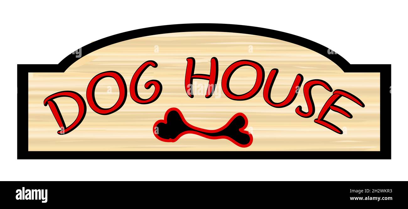 Dog House Text auf einem stilvollen Holzschild auf weißem Hintergrund mit kleiner Kartensilhouette Stockfoto