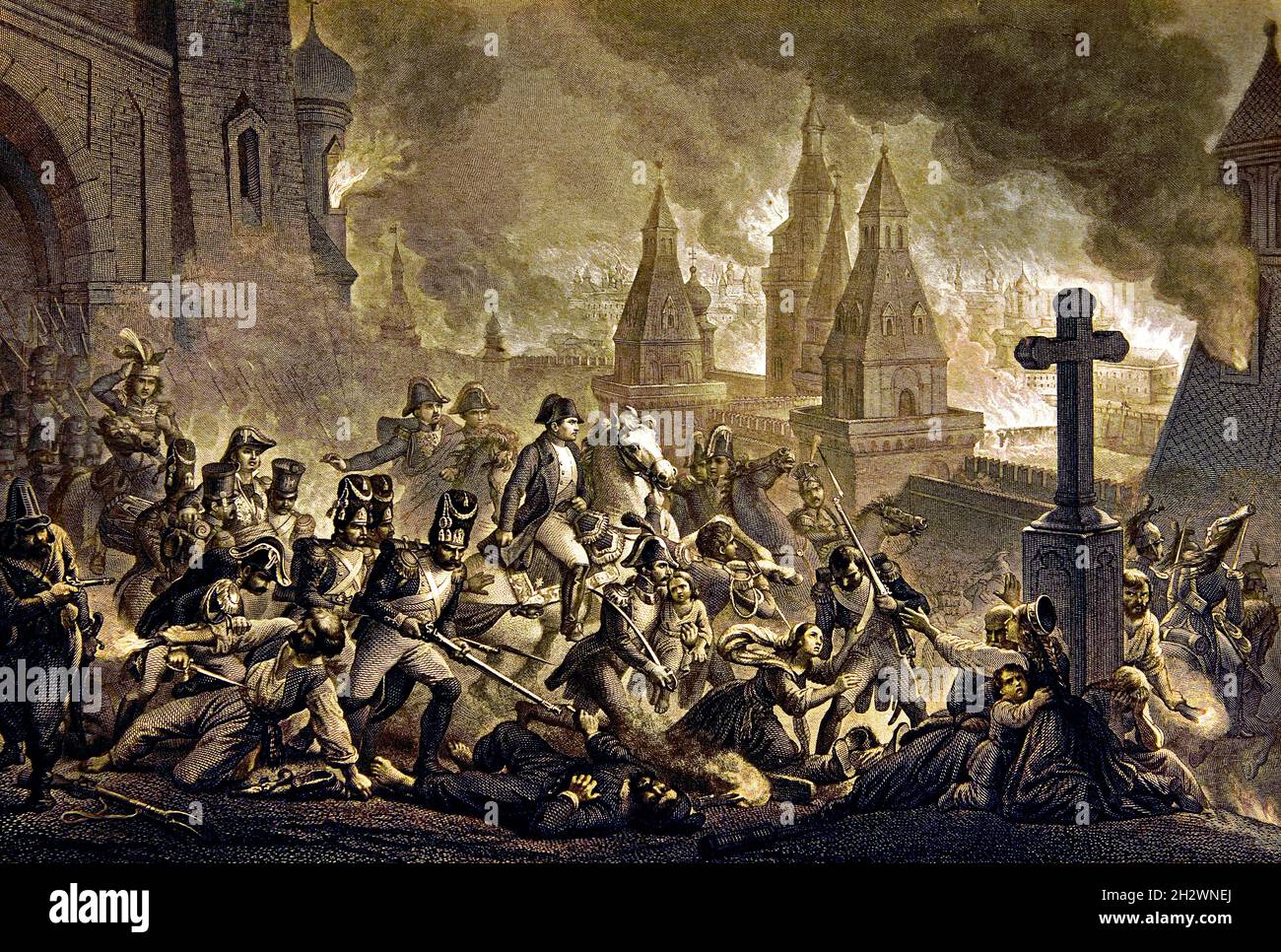 Während der französischen Besetzung Moskaus dauerte der Brand von Moskau 1812 vom 14. Bis 18. September 1812 an und zerstörte die Stadt fast vollständig. Napoleon, Napoleon Bonaparte, (1769–1821), Napoleon I., französischer Kaiser, Frankreich. Stockfoto