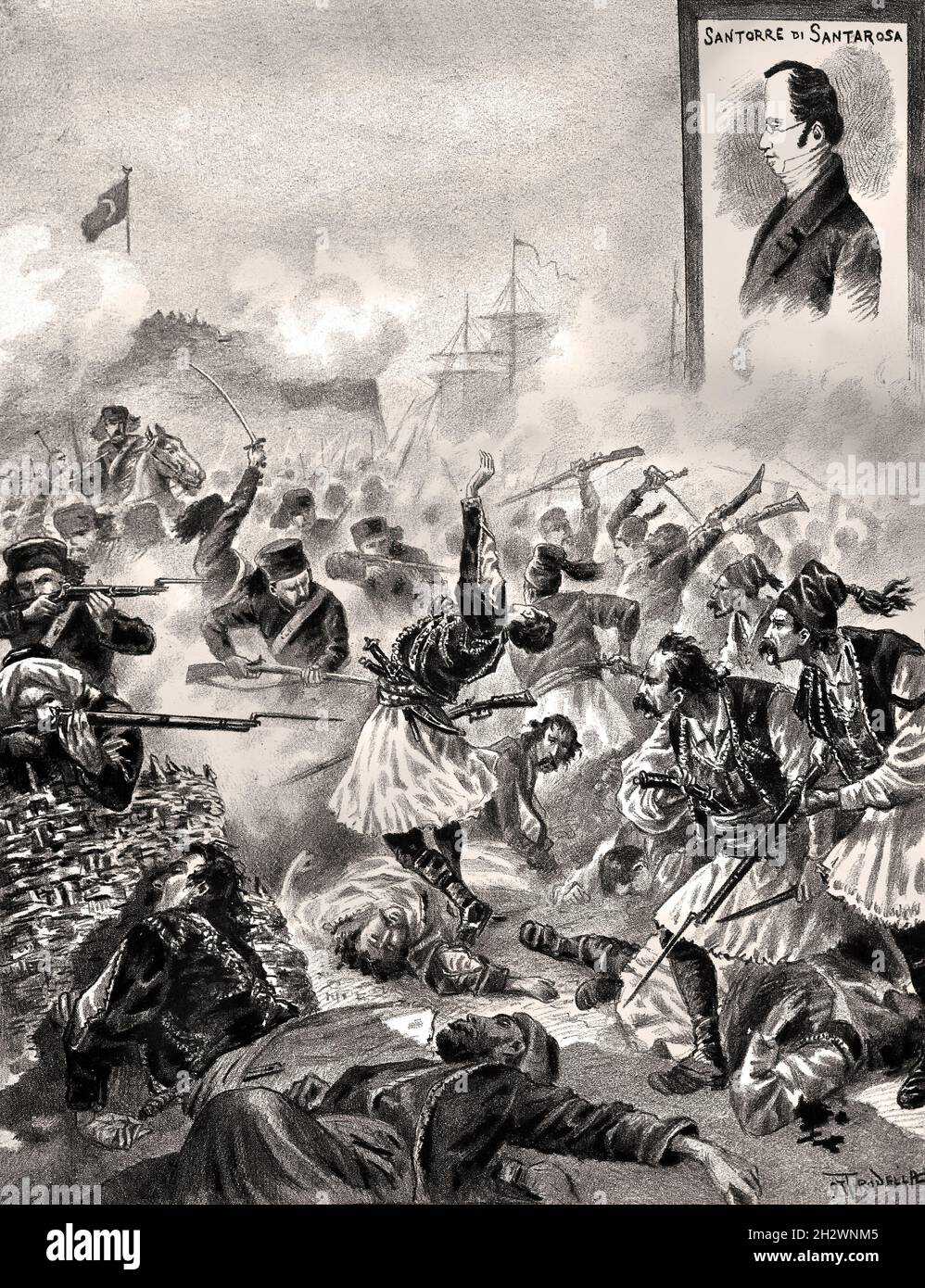 Schlacht von Spacteria und Tod von Santorre di Santarosa 8. Mai 1825 ( Maler O.Rodella, (Die Schlacht von Sphacteria war eine Schlacht des griechischen Unabhängigkeitskrieges, die am 8. Mai 1825 in Sphacteria zwischen den ägyptischen Streitkräften von Ibrahim Pascha und den griechischen Streitkräften unter der Führung von Kapitän Anastasios Tsamados zusammen mit Alexandros Mavrokordatos ausgetragen wurde.) Stockfoto