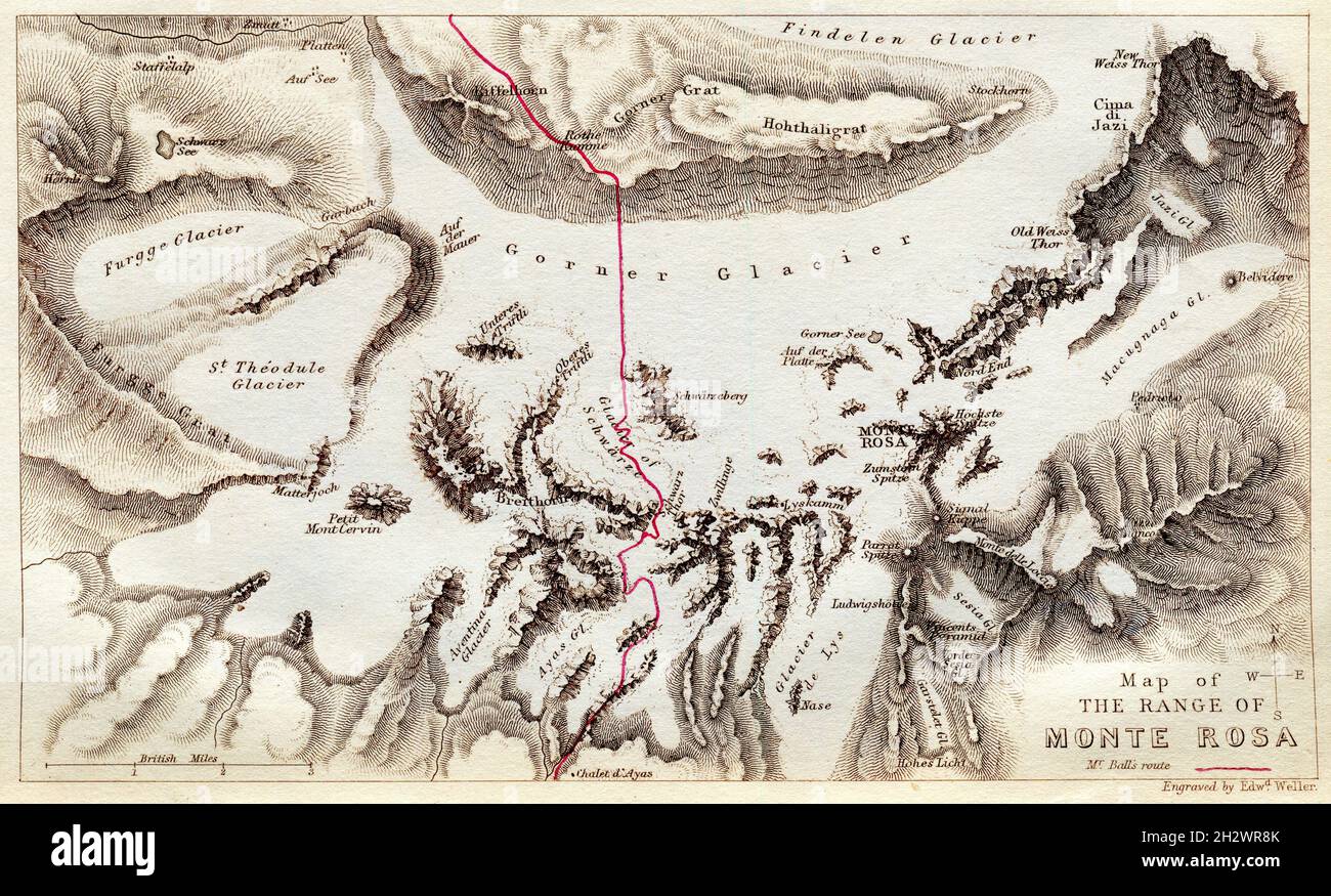 Eine Karte aus dem Jahr 1859 mit dem Titel „Karte des Monte Rosa-Massivs“. Der Monte Rosa ist ein Gebirgsmassiv im östlichen Teil der Pennine-Alpen zwischen dem italienischen Piemont und dem Aostatal und dem Schweizer Wallis. Der Monte Rosa ist nach dem Mont Blanc der zweithöchste Berg der Alpen und Westeuropas. Die Karte zeigt die Route des Bergsteigers Mr Balls. Stockfoto